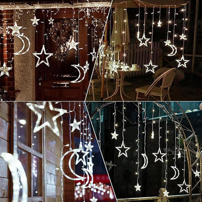 138 LED Ramadan Decorations Lights Solar Moon and Star Lights Outdoor Waterproof Powered Curtain Lights with 8 Modes Ramadan Hanging Decor for Ramadan, Home, Patio (Cold White)