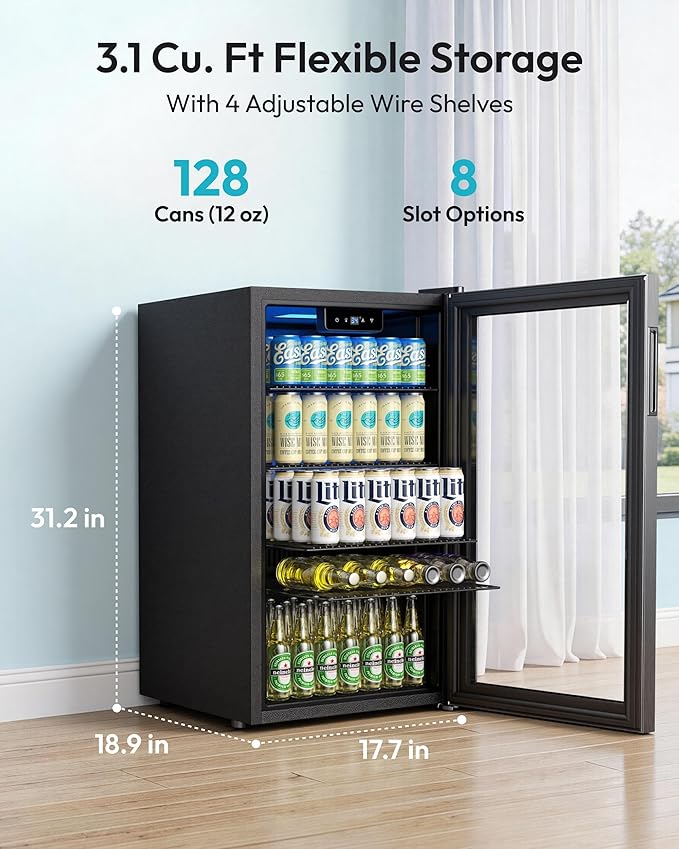 EUHOMY Beverage Refrigerator and Cooler, 128 Can Mini fridge with Glass Door, Small Refrigerator with Adjustable Shelves for Soda Beer or Wine, Perfect for Home/Bar/Office, Silver