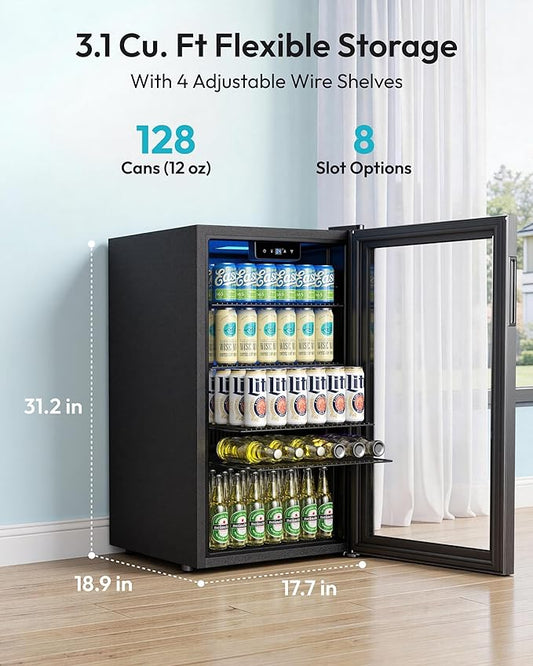 EUHOMY Beverage Refrigerator and Cooler, 128 Can Mini fridge with Glass Door, Small Refrigerator with Adjustable Shelves for Soda Beer or Wine, Perfect for Home/Bar/Office, Silver