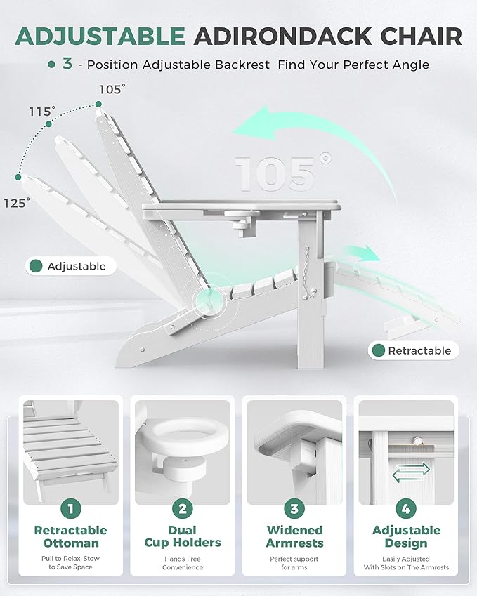 Adjustable Adirondack Chairs Set of 4 with Retractable Ottoman, HDPE Folding Adirondack Chair with Cup Holders, Weather Resistant for Backyard, Poolside & Fire Pit (White)
