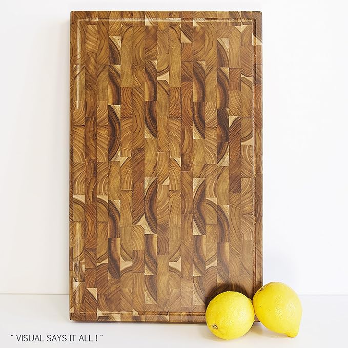 Teak Wood Cutting Board, 19.7 x 12.2 Inch (ExtraThick 1.7") Hardwood Butcher Block for Meat, Cheese, Charcuterie Board. End Grain Non Toxic Wood Chopping Board with Handle (Oil & Plate Included)