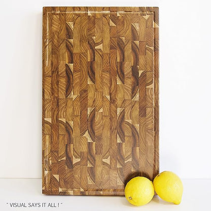Teak Wood Cutting Board, 19.7 x 12.2 Inch (ExtraThick 1.7") Hardwood Butcher Block for Meat, Cheese, Charcuterie Board. End Grain Non Toxic Wood Chopping Board with Handle (Oil & Plate Included)