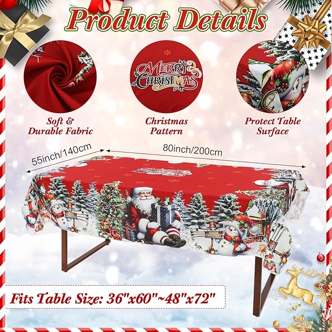 7 Pcs Christmas Tablecloth and Chair Covers Set Stretchable Washable Red Santa Holiday Table Cover and Seat Protector Slipcovers for Xmas Dining Room Kitchen Party (Rectangle,80 x 55 Inch)