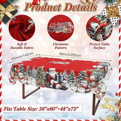 7 Pcs Christmas Tablecloth and Chair Covers Set Stretchable Washable Red Santa Holiday Table Cover and Seat Protector Slipcovers for Xmas Dining Room Kitchen Party (Rectangle,80 x 55 Inch)