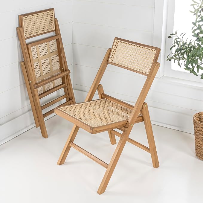 JONATHAN Y Theo Teak Wood and Rattan Folding Chairs, Set of 2, Light Brown | Woven Cane Seat And Back, Portable Lightweight Design, For Dining Room And Living Room, Mid-Century Vintage Bohemian Style