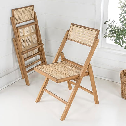 JONATHAN Y Theo Teak Wood and Rattan Folding Chairs, Set of 2, Light Brown | Woven Cane Seat And Back, Portable Lightweight Design, For Dining Room And Living Room, Mid-Century Vintage Bohemian Style