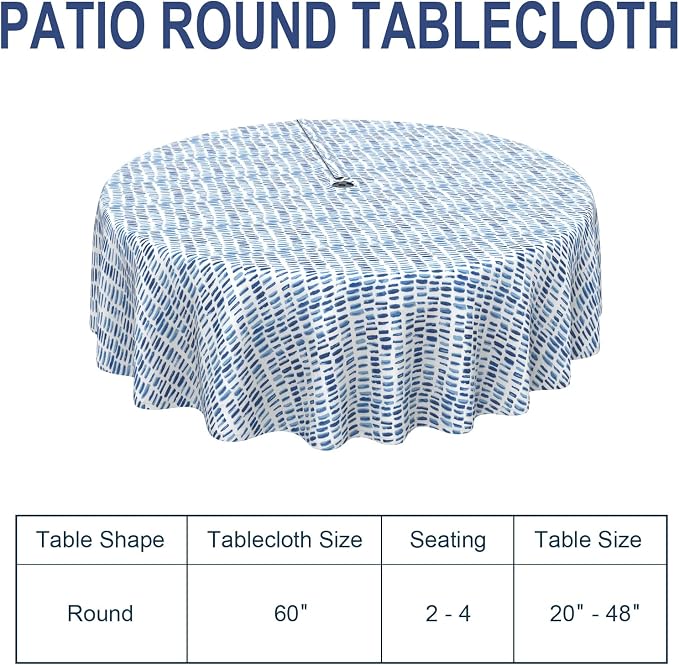 Outdoor/Indoor Round Tablecloth with Umbrella Hole Zipper, Decorative Circular Table Cover for Home Garden, 60 Inch, Pebble Blue