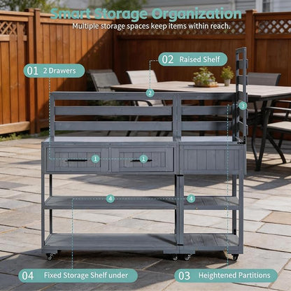 62 Inch Patio Kitchen Island with Stainless Steel Top, Gray | Gray fir wood, stainless steel top, garden or patio, raised shelf, 2 drawers, lockable wheels, modular design, 62.3 in L