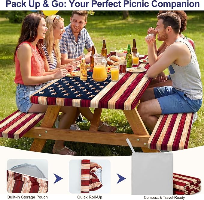 Picnic Table Cover with Bench Covers Windproof Waterproof Picnic Table Covers Camping Tablecloth with Self-Storage Bag, 72in, Vintage Wood Flag