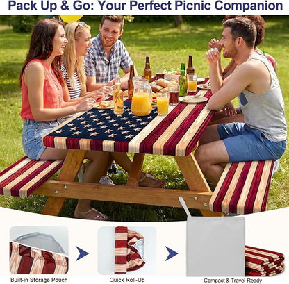Picnic Table Cover with Bench Covers Windproof Waterproof Picnic Table Covers Camping Tablecloth with Self-Storage Bag, 72in, Vintage Wood Flag