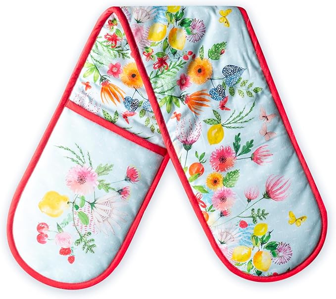 Maison d' Hermine Double Oven Mitts 100% Cotton 7"x35" Double Oven Mitt Heat Resistant BBQ Cooking Gloves with Loop Baking Grilling Kitchen Hotel Home Farmhouse Spring Summer (Jardin D'Ete - Mint)