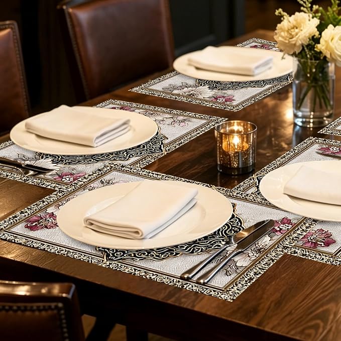 Nuxovilar Square placemats Set of 7 Table Runner (72X13inch) and placemats (11.8X17.7) Beige&Gold Ornate Pattern Linen-Cotton Table Arrangement Pieces Banquet,Anniversary Party,Formal Meals
