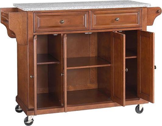 Crosley Furniture Full Size Granite Top Rolling Kitchen Island Storage Cart, Microwave Stand, Spice Rack, Cherry