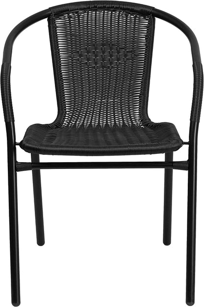 Flash Furniture Modern Rattan Indoor/Outdoor Restaurant Dining Chairs, Stackable Rattan Bistro Chairs for Patio or Restaurant, Set of 2, Black
