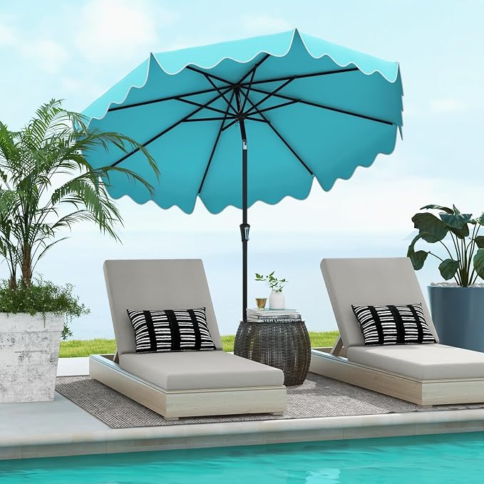 Tangkula 9Ft Patio Umbrella with Crank, 2-Tier Outdoor Umbrella with Push Button Tilt, Sun-Protective Canopy, 8 Ribs, Scalloped Patio Umbrella for Outdoor Beach Deck Pool Table (Turquoise)