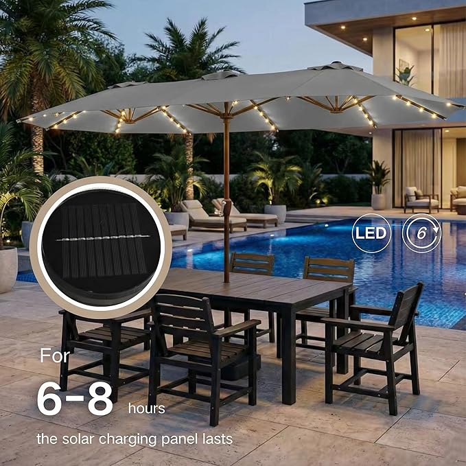 Kingdura 13ft Large Patio Umbrella with Solar Lights, Double-Sided Rectangle Outdoor Table Umbrella with Base Included, 12 Reinforced Ribs, 48 Led Lights, Crank Lift for Market Pool Deck, Light grey