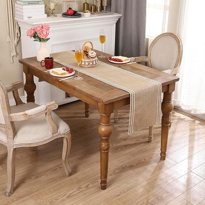 Burlap Table Runners 120 inch Natural Jute Table Runner Braided Table Runner Khaki Farmhouse Table Runner with Beige Lacework for Spring Summer Parties Everyday Holidays Dining Table