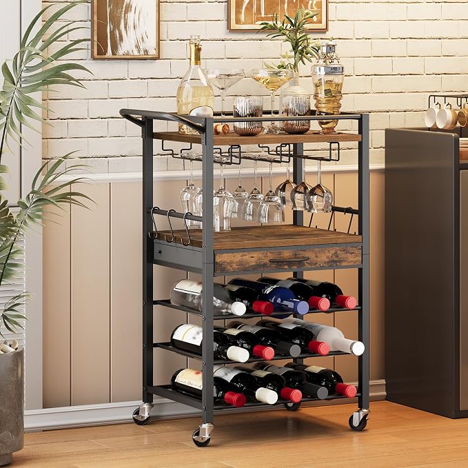 3-Tier Bar Cart with Drawer, Home Bar Serving Cart with Glass Holder and Handle, Rolling Mini Liquor Bar for Wine Beverage Dinner Party, Drink Cart for Home Kitchen Bars, Rustic Brown 8001TCBF