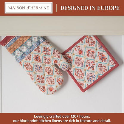 Maison d' Hermine 100% Cotton Oven Mitt & Pot Holder Set (7.5"x13" & 8"x8") Heat Resistant BBQ Cooking Gloves with Loop for Thanksgiving Christmas Decorations Handling Hot Pans (Romane)