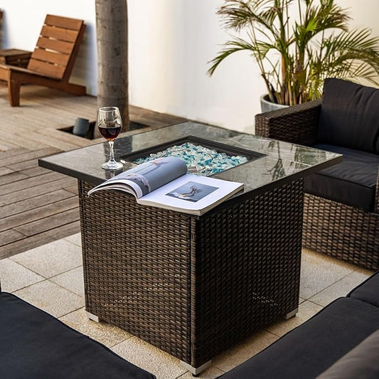 KEIKI 30 Inch Square Gas Fire Pit, Wicker Outdoor Fire Table with Ceramic Top, 50000 BTU Propane Heating for Backyard Courtyard