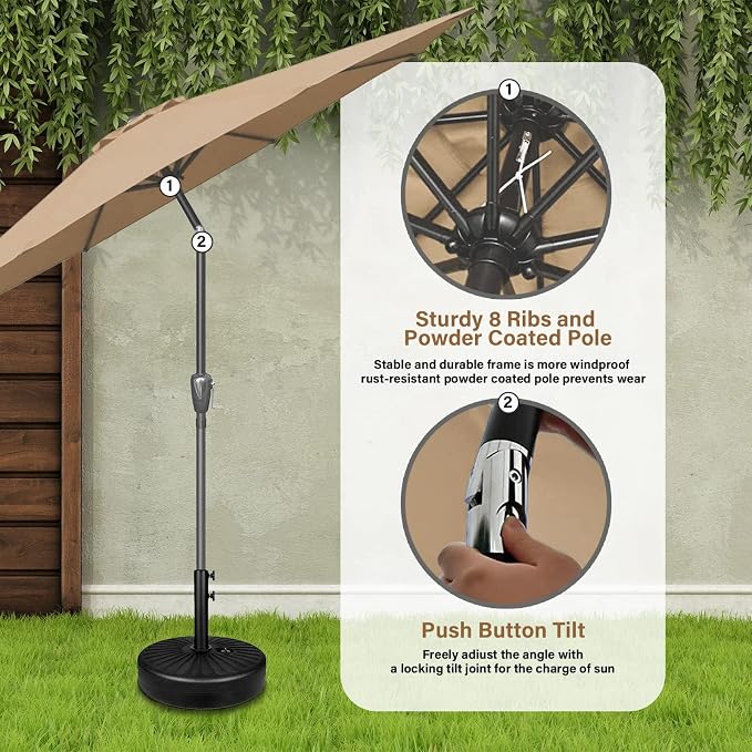 YSSOA 9' Patio Umbrella with 50lbs 20" Capacity Fillable Heavy Duty Round Base, 8 Sturdy Ribs, for Outdoor Lawn, Deck, Poolside, Tan and Black