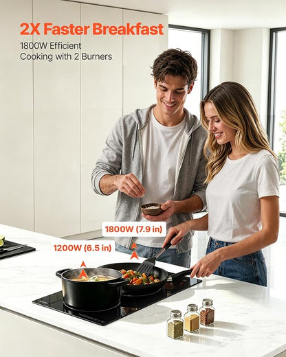 VEVOR Electric Cooktop 12inch 2 Burners Stove Top 3000W 220V No Plug, Ceramic Built-in Radiant Electric Stove, with 9 Power Levels, Timer, Child Lock, Over-Heat Guard, Touch Control
