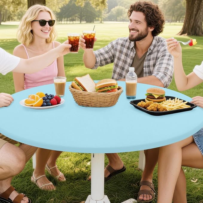 Smiry Round Spandex Tablecloth, Waterpoof Stretch Picnic Table Cover for 57"-68" Tables, Elastic Fitted Washable Tablecloths Dining, Indoor and Outdoor, Baby Blue