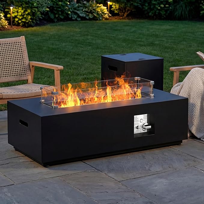 SUNPEAK 42" Rectangular Propane Fire Pit Table 50,000 BTU Fireplace Table with Wind Guard, Lid, Rocks and Cover - Fire Pits & Outdoor Fireplaces - Gas Fire Pits for Outside Patio (Black, 42")