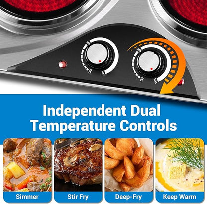 Hot Plate, CUSIMAX Electric Double Burner, Portable Ceramic Infrared Cooktop, Dual Control Cooking Stove, Heat-Up in Seconds, Compatible for All Cookwares, Silver