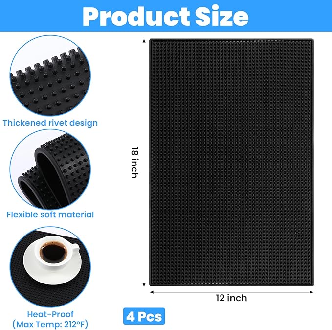 4 Pcs Bar Mat for Countertop 18 x 12 Inch, Non Slip Rubber Mat Service Spill Cocktail Bartending Coffee Bar Mats for Hot Dishes Restaurants Barbershop Clippers Hot Pads, Black