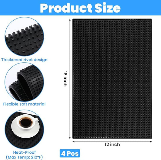 4 Pcs Bar Mat for Countertop 18 x 12 Inch, Non Slip Rubber Mat Service Spill Cocktail Bartending Coffee Bar Mats for Hot Dishes Restaurants Barbershop Clippers Hot Pads, Black