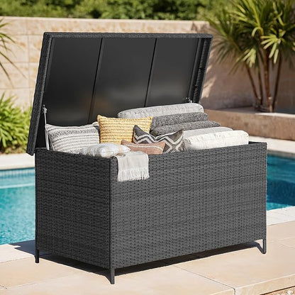 ONBRILL 158 Gallon XL Deck Box with Lid, All Weather Wicker Outdoor Storage Box Waterproof, Large Outdoor Patio Storage Bin for Cushions, Garden Tools, Gears, Pool Accessories, Black