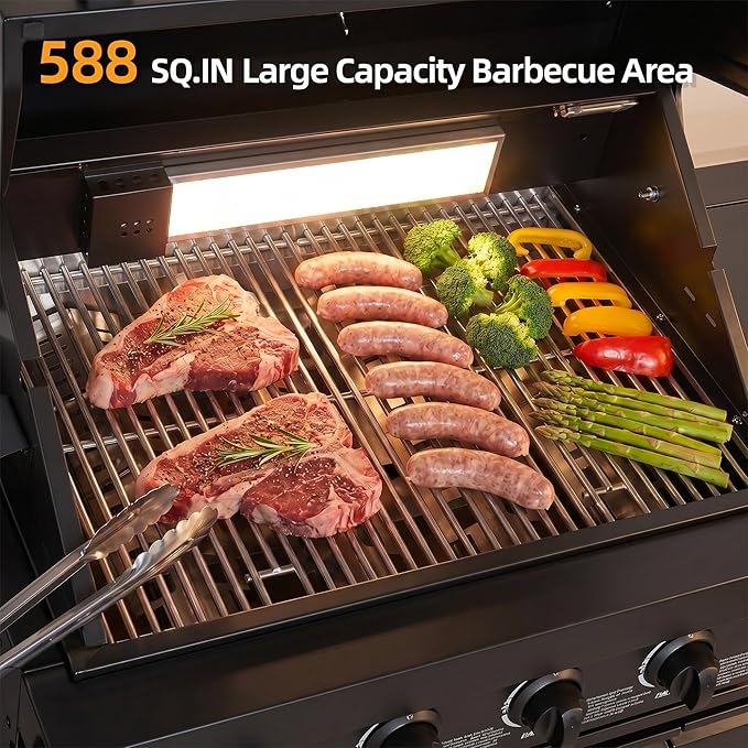 Casaphoria 84" Outdoor Kitchen Grill Island with Refrigerator and Sink, Professional Stainless Steel BBQ with 6-Burner 75300 BTU Propane & Natural Gas, Granite Countertop, Rapid Setup, Black