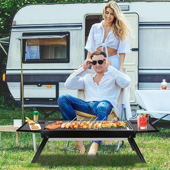 KOCASO Foldable Charcoal BBQ Grill with Shelf Stainless Steel Grill Net Easy Setup Portable Tabletop Barbecue Grill for Camping Picnic Outdoor Party Backyard