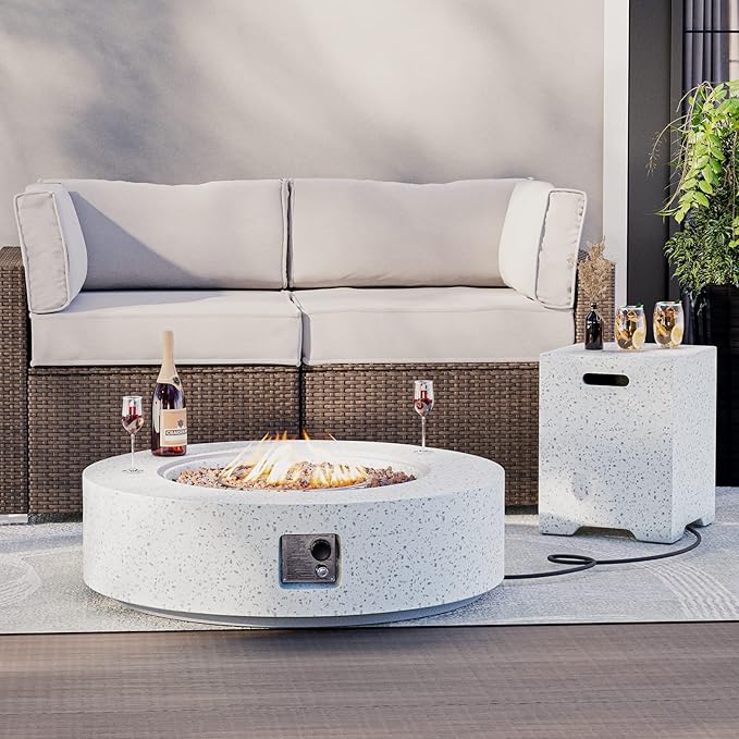 HOMPUS Outdoor Round Propane Fire Pit Table, 41''Fire Table 20lb Tank Cover Table, 50000 BTU Fire Pit w Free Waterproof Cover & Fire Stone for Patio, Garden, Colorful Terrazzo