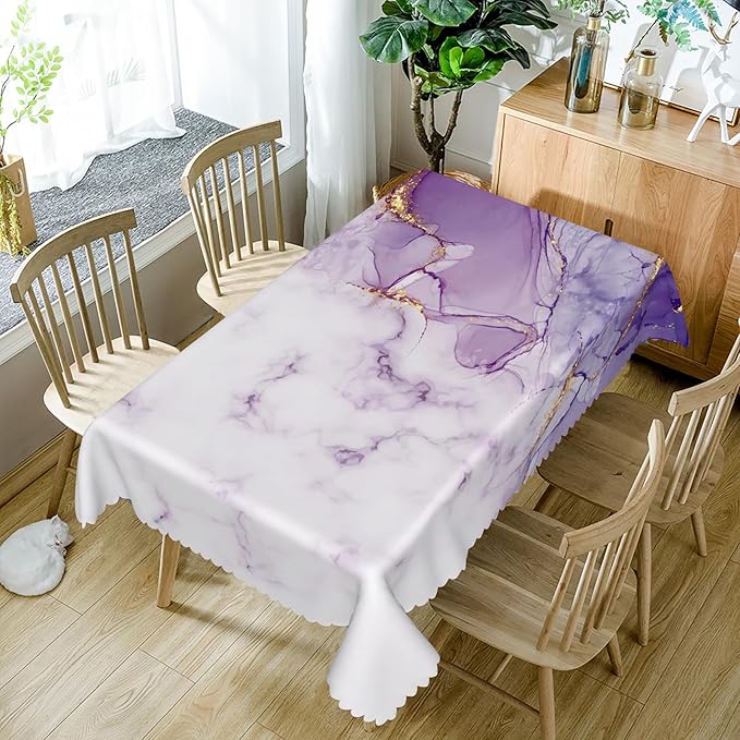 54x70inches Purple Marble Rectangle Tablecloth Purple White Marble Texture Golden Crack Abstract Table Cloth Durable Polyester Table Cover for Dining Room Kitchen Decor Indoor Outdoor Use