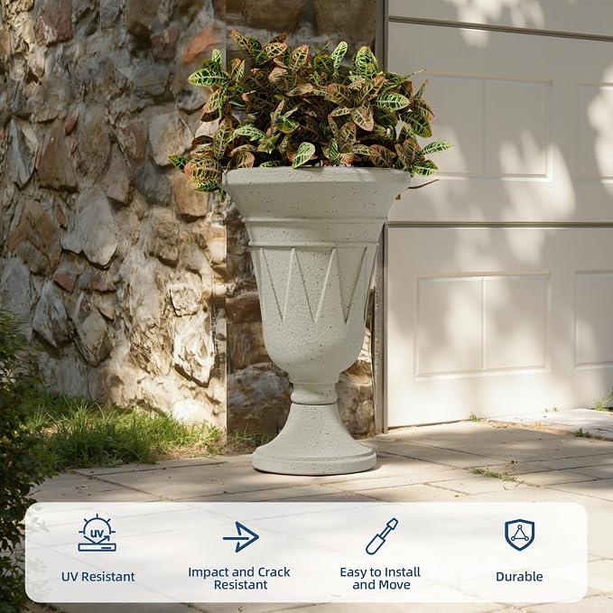 24" Tall Urn Planters for Outdoor Plants, Urns and Pedestal, Beige | Resin HDPE Weather-Resistant Material, Vintage Trophy Design Outdoor Planters with Drainage Holes, Flower Pot/Vase/Porch Door
