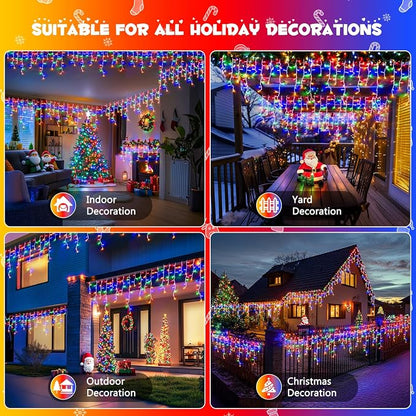JMEXSUSS 800 LED Christmas Icicle Lights Outdoor Plug in | Multicolor Waterproof, 8 Modes with 160 Drops for House Holiday Party Eave Christmas Decorations