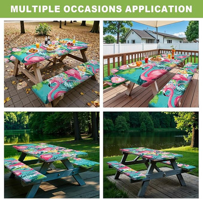 FOREVER QUEEN Tropical Flamingo Floral Picnic Table Cover with Bench Covers 3Pcs Set,72x30 Inch Fitted Rectangle Camping Tablecloth,Waterproof Windproof Outdoor Table Cover for Patio Backyard Camping