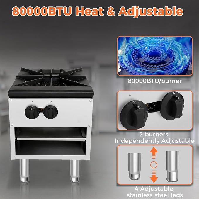 Countertop Stock Pot Range,NG LP Commercial Cooker with 80000 BTU Ring Burner,430 Stainless Steel Body,Removable Waste Tray,Adjustable Legs for Restaurant Catering Food Truck Use (Silver,1 Burner)