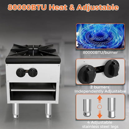 Countertop Stock Pot Range,NG LP Commercial Cooker with 80000 BTU Ring Burner,430 Stainless Steel Body,Removable Waste Tray,Adjustable Legs for Restaurant Catering Food Truck Use (Silver,1 Burner)