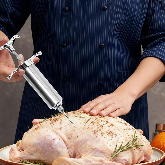 Meat Injector Syringe Kit, Flavor Injector with 3 Marinade Needles, Stainless Steel Kitchen Food Injection Syringe for Turkey Cooking