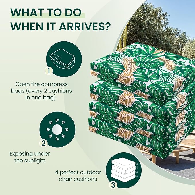HARBOREST Outdoor Chair Cushions Set of 4, Water Resistant Patio Chair Cushions with Ties, Square Corner Outdoor Seat Cushions for Patio Furniture, 18.5"x16"x3", Frond