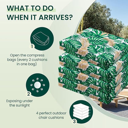 HARBOREST Outdoor Chair Cushions Set of 4, Water Resistant Patio Chair Cushions with Ties, Square Corner Outdoor Seat Cushions for Patio Furniture, 18.5"x16"x3", Frond