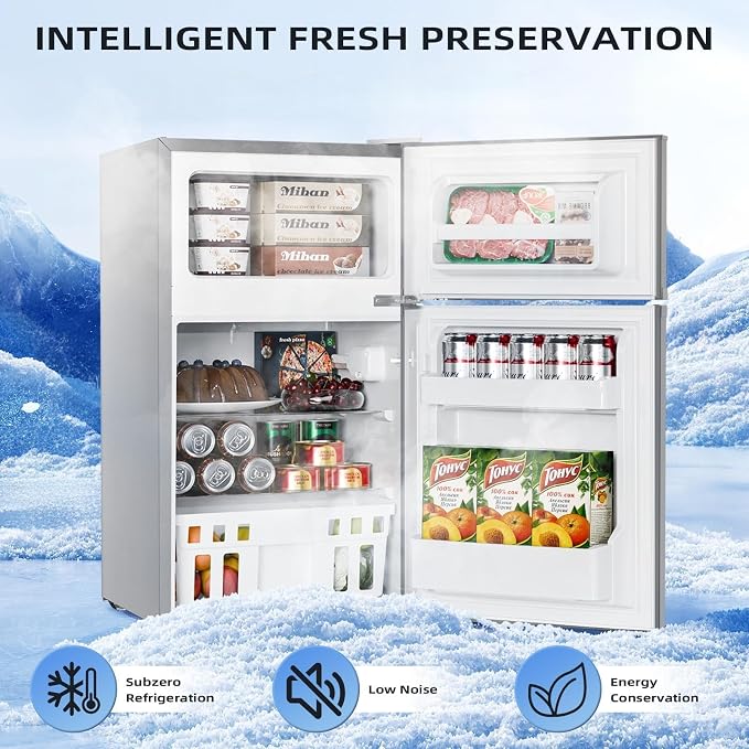 Kismile 3.2 Cu.Ft Mini Fridge with Freezer, 2 Door Dorm Refrigerator Grey | Adjustable Thermostat, Removable Shelves, Food & Beverage Storage, Dorm Mini Fridge for Bedroom/ Office/ College/ Apartment
