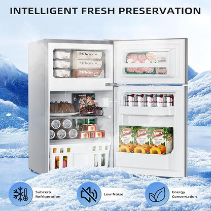 Kismile 3.2 Cu.Ft Mini Fridge with Freezer, 2 Door Dorm Refrigerator Grey | Adjustable Thermostat, Removable Shelves, Food & Beverage Storage, Dorm Mini Fridge for Bedroom/ Office/ College/ Apartment
