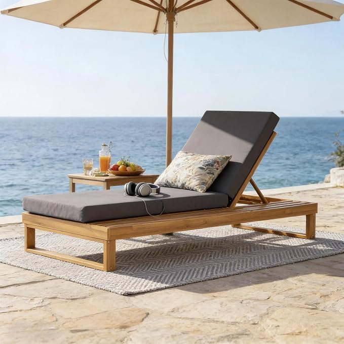 Merax Teak Finish Acacia Wood Chaise Lounge with 4-Inch Dark Grey 2-Fold Cushion Set, 4-Position Adjustable Outdoor Patio Lounger with Flat Side Surface, for Poolside