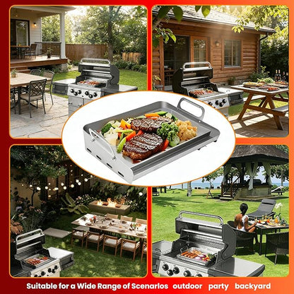 Universal Stainless Steel Griddle for Gas Grill and Gas Stove, 17” X 13” Flat Top Griddle With Handle for Weber, Nexgrill, Charbroils and Kenmore, Gas Griddle for Tailgating, Camping, and Party