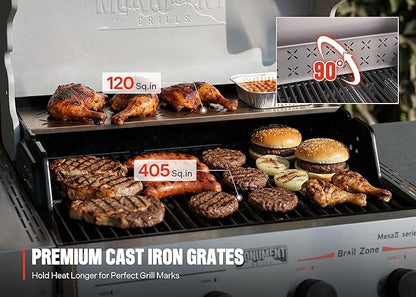 Monument Grills 4 Burner Propane Gas Grill with Broil Zone, Stainless Steel Patio Mesa 2 Barbecue Grill with Cooking Plate, Foldable Side Shelves, Fast Heating, Assembles in 30 Mins, Mesa II 410FBZ