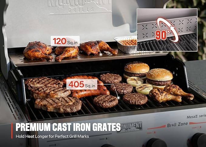 Monument Grills 4 Burner Propane Gas Grill with Advanced Broil Zone, Stainless Steel Barbecue M2 Grill with Smoker Box, Foldable Side Shelves, Fast Heating, Assembles in 30 Minutes, Mesa II 410FBZ